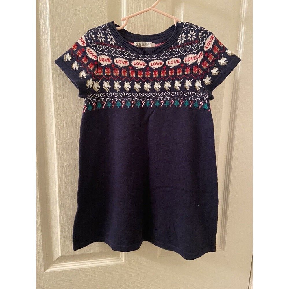 H&M Unicorn Present Christmas Holiday Sweater Dress Navy Blue Girls Size 4-6 NWT